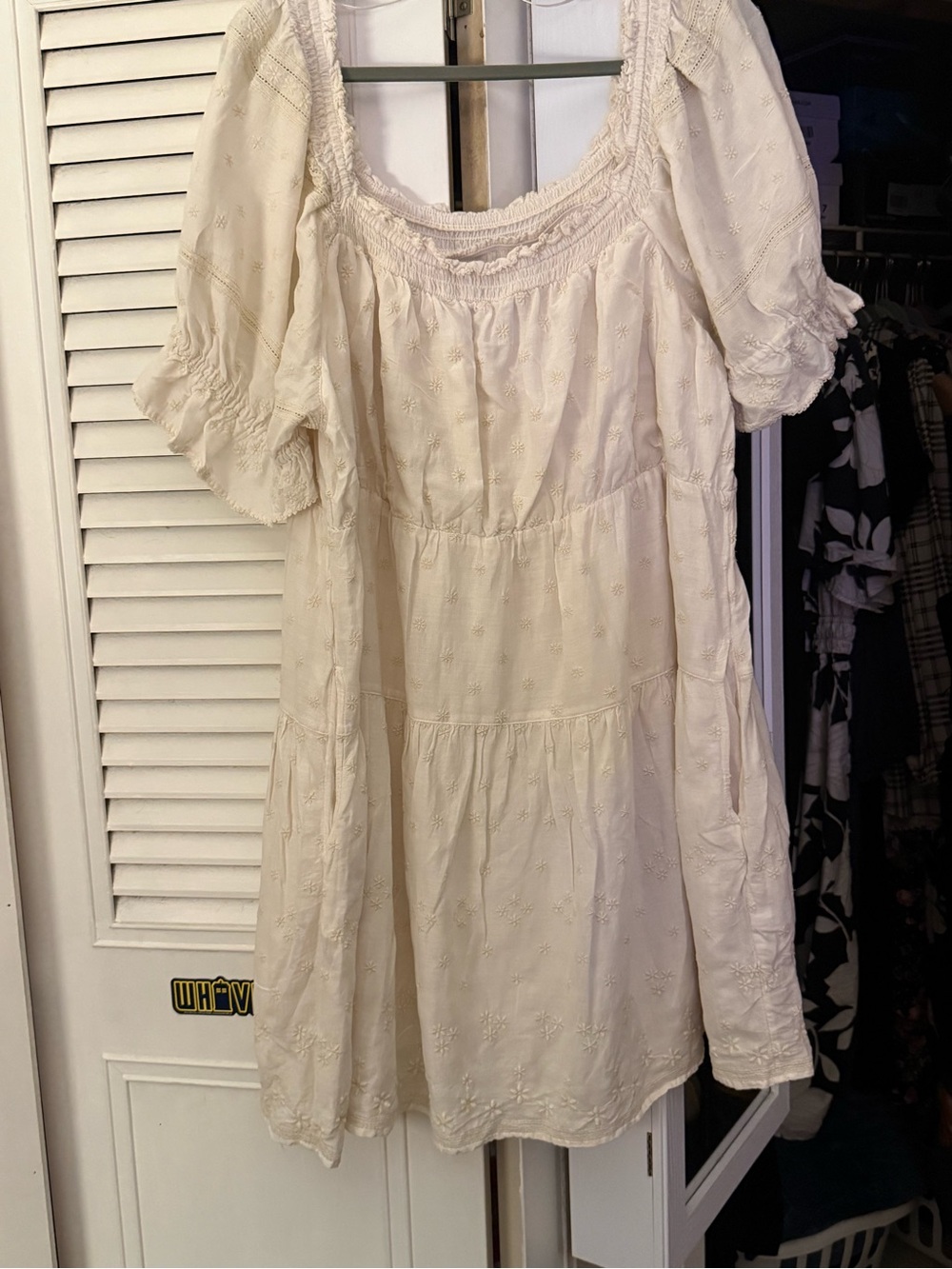 Cream Embroidered Mini Dress with Puff Sleeves